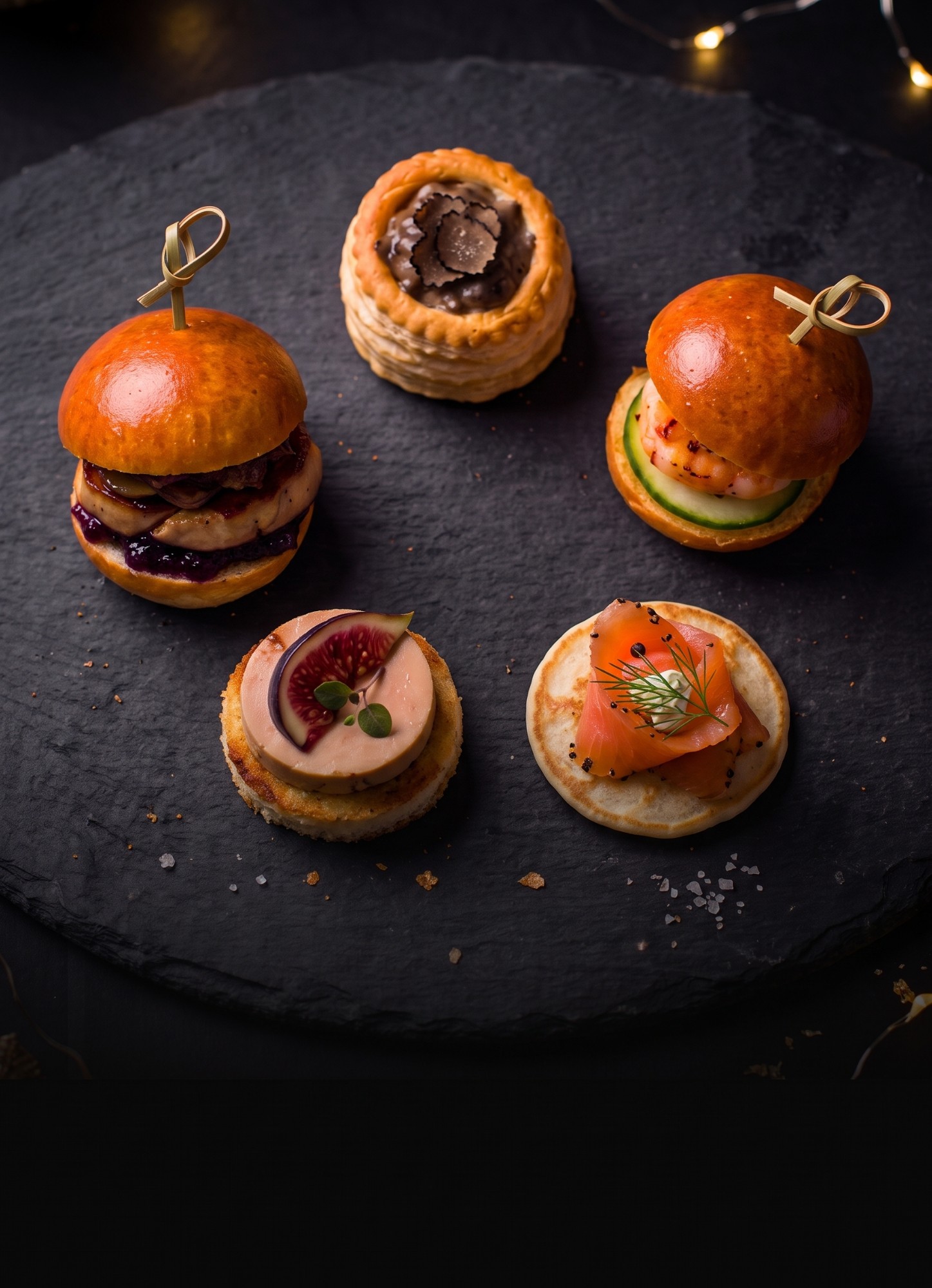 Finger food de Noël : mini burgers, vol-au-vent à la truffe, canapé foie gras figue et blini au saumon